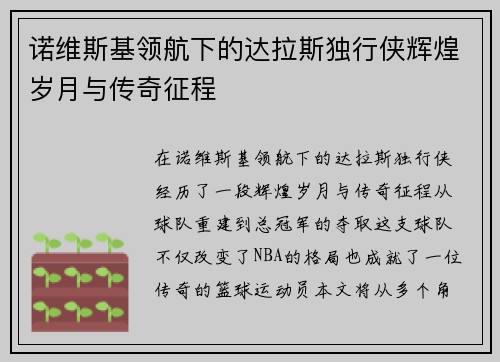 诺维斯基领航下的达拉斯独行侠辉煌岁月与传奇征程